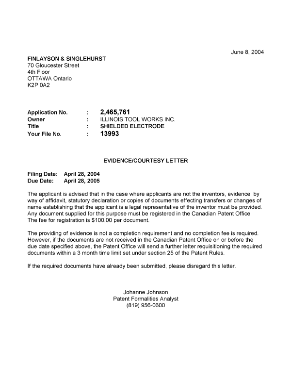 Canadian Patent Document 2465761. Correspondence 20040602. Image 1 of 1
