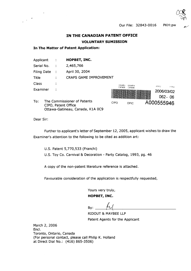 Canadian Patent Document 2465766. Prosecution-Amendment 20060302. Image 1 of 1
