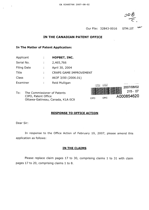 Canadian Patent Document 2465766. Prosecution-Amendment 20070802. Image 1 of 10