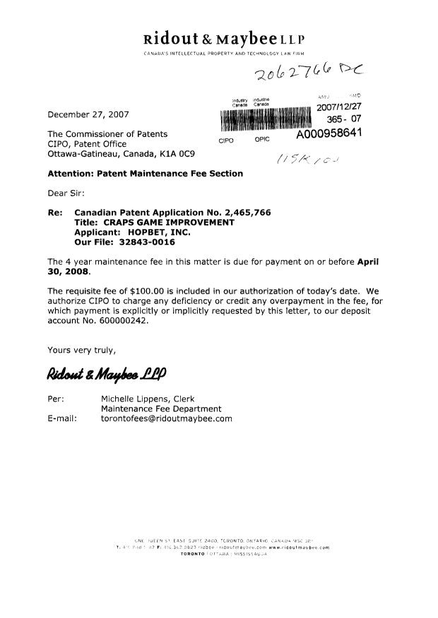 Canadian Patent Document 2465766. Fees 20071227. Image 1 of 1