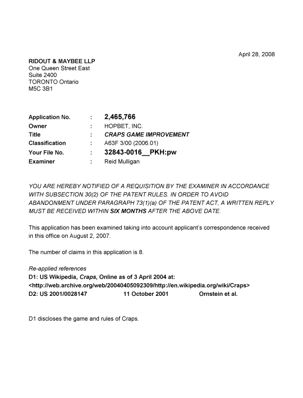 Canadian Patent Document 2465766. Prosecution-Amendment 20080428. Image 1 of 7