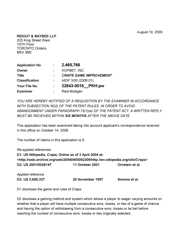 Canadian Patent Document 2465766. Prosecution-Amendment 20090810. Image 1 of 6