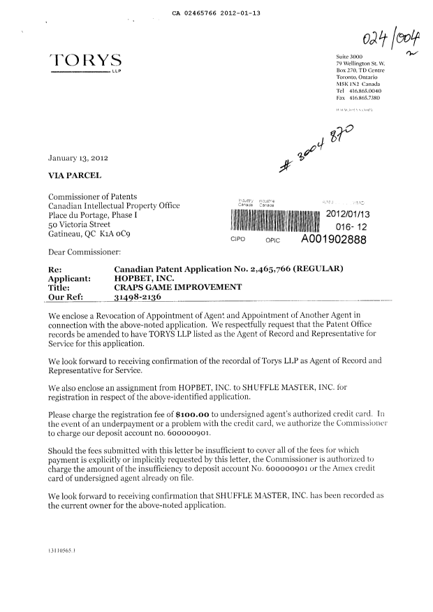 Canadian Patent Document 2465766. Assignment 20120113. Image 1 of 7
