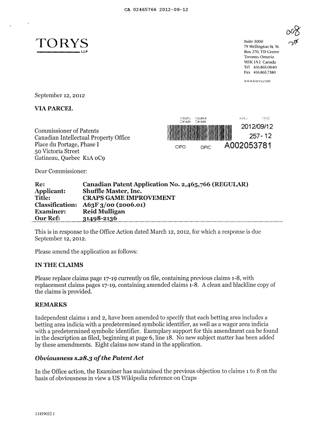 Canadian Patent Document 2465766. Prosecution-Amendment 20120912. Image 1 of 12