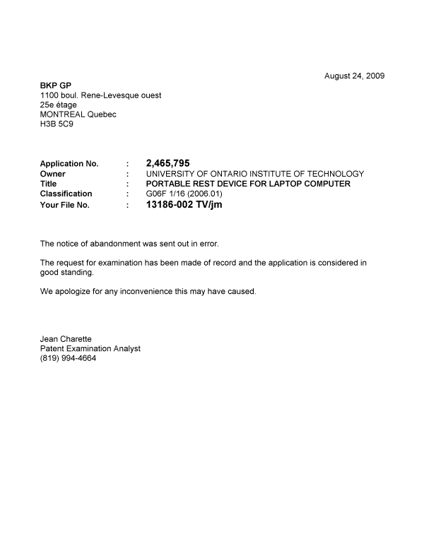 Canadian Patent Document 2465795. Correspondence 20090824. Image 1 of 1