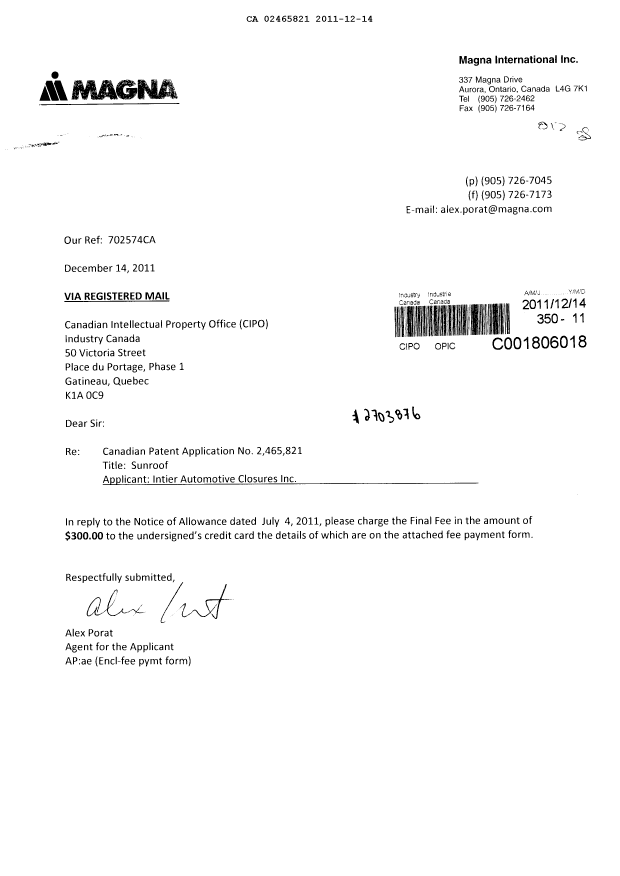 Canadian Patent Document 2465821. Correspondence 20111214. Image 1 of 1