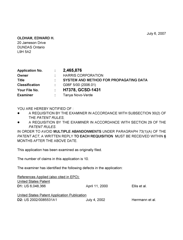 Canadian Patent Document 2465876. Prosecution-Amendment 20070706. Image 1 of 4