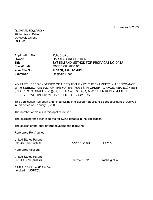 Canadian Patent Document 2465876. Prosecution-Amendment 20091103. Image 1 of 4