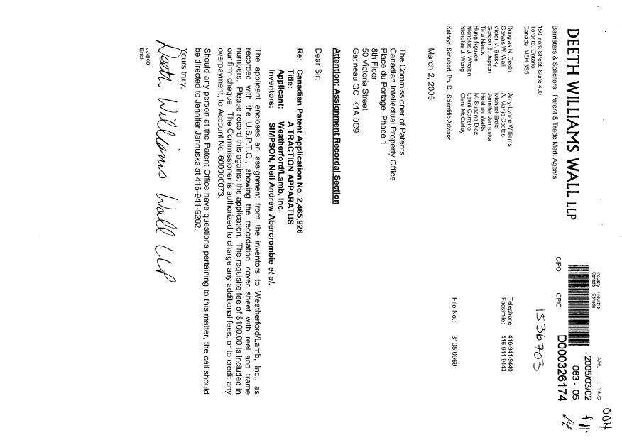 Document de brevet canadien 2465926. Cession 20050302. Image 1 de 8