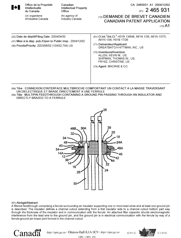 Canadian Patent Document 2465931. Cover Page 20041109. Image 1 of 1