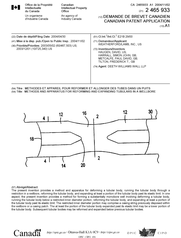 Canadian Patent Document 2465933. Cover Page 20041008. Image 1 of 1