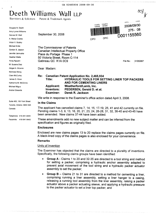 Canadian Patent Document 2465934. Prosecution-Amendment 20080930. Image 1 of 21