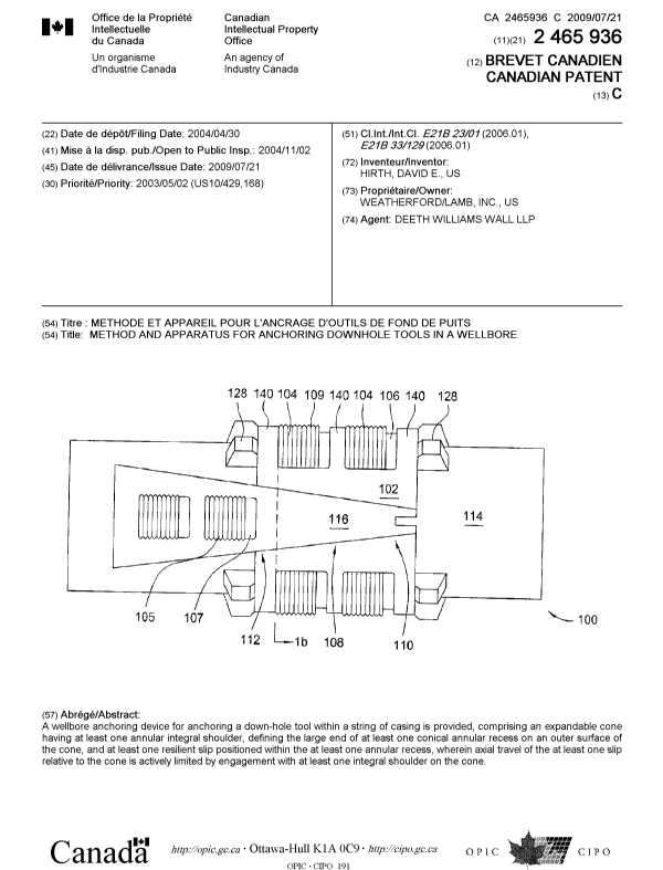 Canadian Patent Document 2465936. Cover Page 20090623. Image 1 of 1