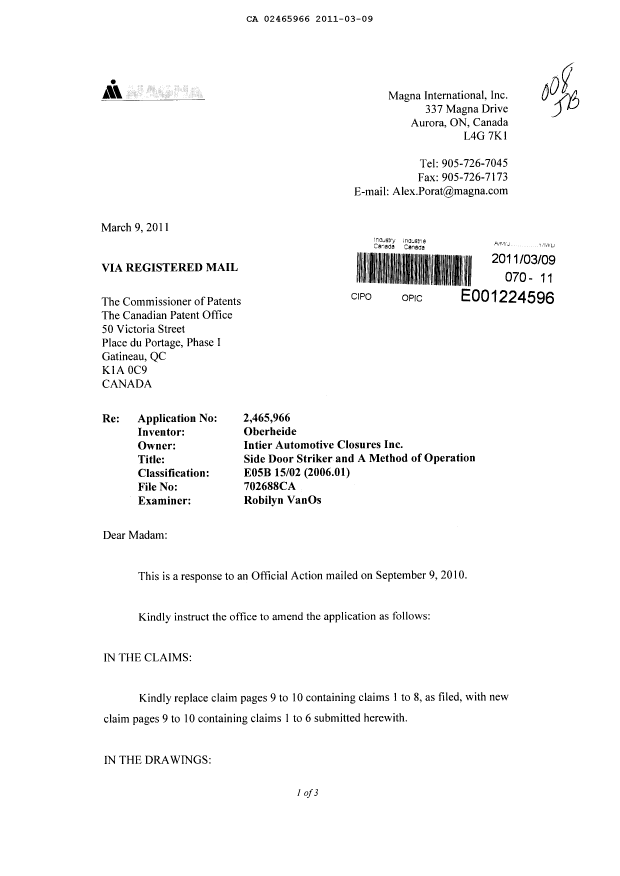 Canadian Patent Document 2465966. Prosecution-Amendment 20110309. Image 1 of 12