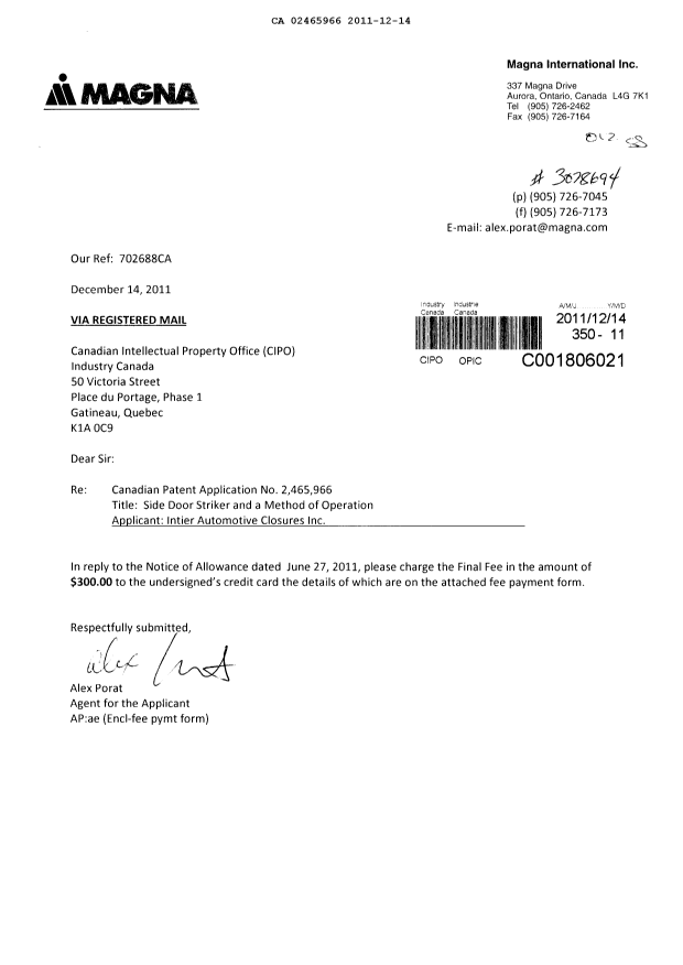 Canadian Patent Document 2465966. Correspondence 20111214. Image 1 of 1