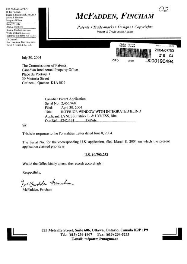 Canadian Patent Document 2465968. Correspondence 20040730. Image 1 of 1