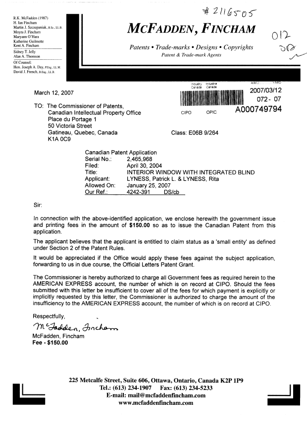 Canadian Patent Document 2465968. Correspondence 20070312. Image 1 of 1