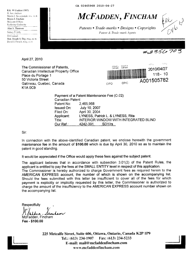 Canadian Patent Document 2465968. Correspondence 20100427. Image 1 of 1