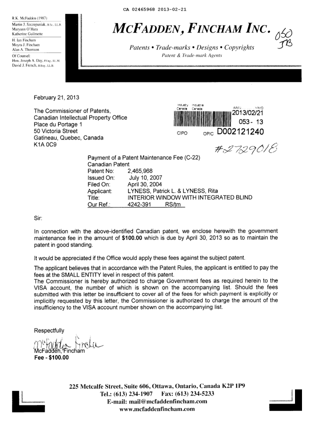 Canadian Patent Document 2465968. Fees 20130221. Image 1 of 1