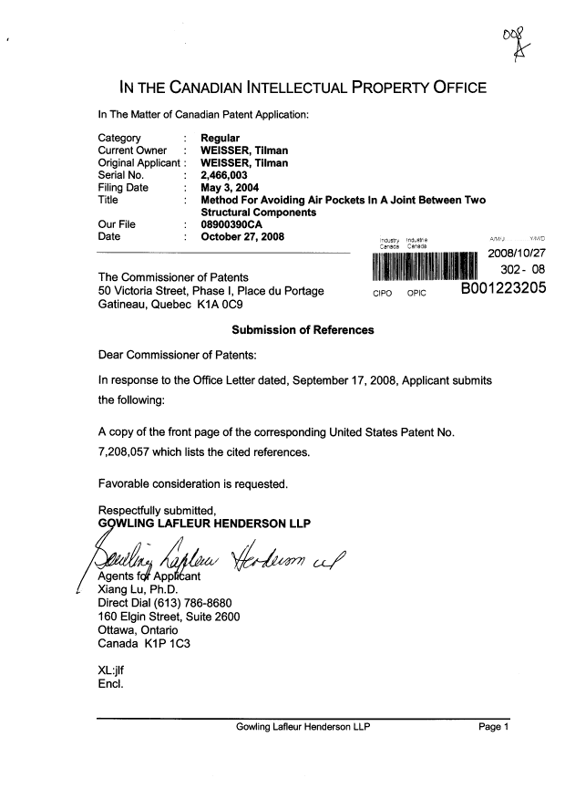 Canadian Patent Document 2466003. Prosecution-Amendment 20081027. Image 1 of 1