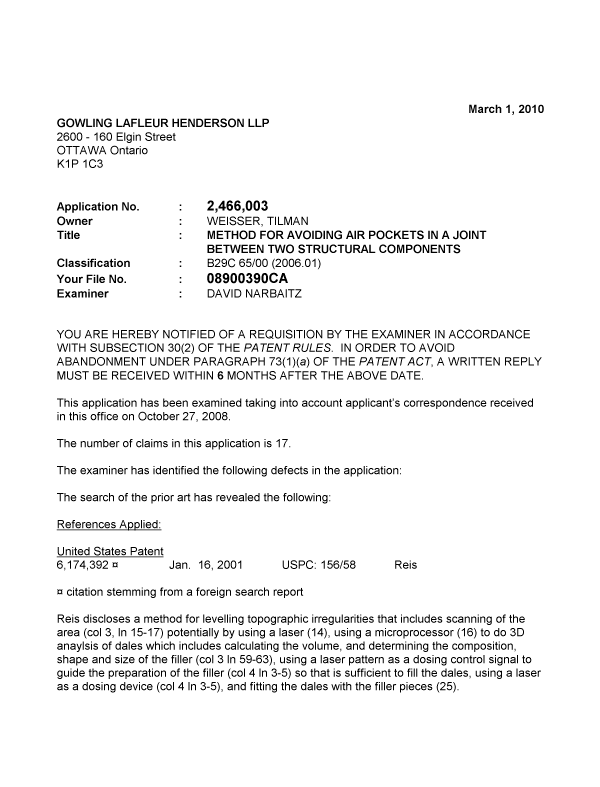 Canadian Patent Document 2466003. Prosecution-Amendment 20100301. Image 1 of 2