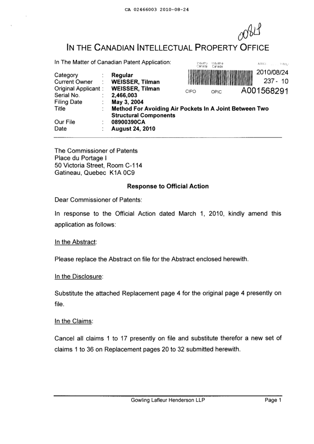 Canadian Patent Document 2466003. Prosecution-Amendment 20100824. Image 1 of 23