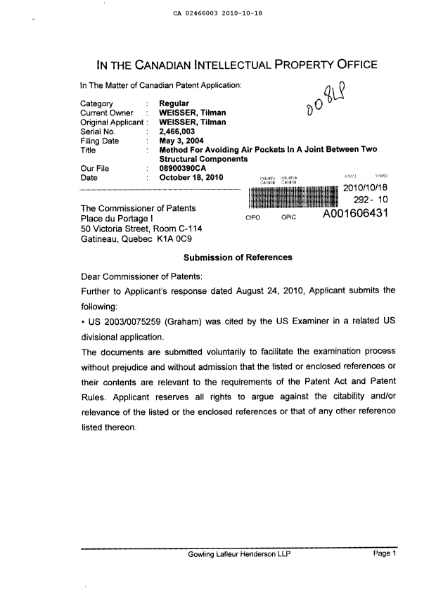 Canadian Patent Document 2466003. Prosecution-Amendment 20101018. Image 1 of 2