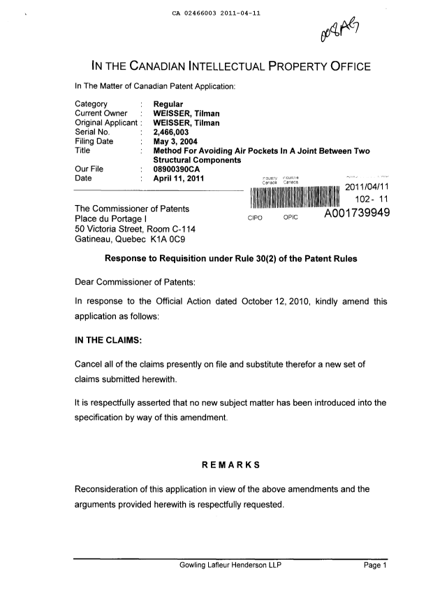 Canadian Patent Document 2466003. Prosecution-Amendment 20110411. Image 1 of 7