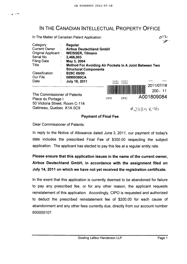 Canadian Patent Document 2466003. Correspondence 20110718. Image 1 of 2