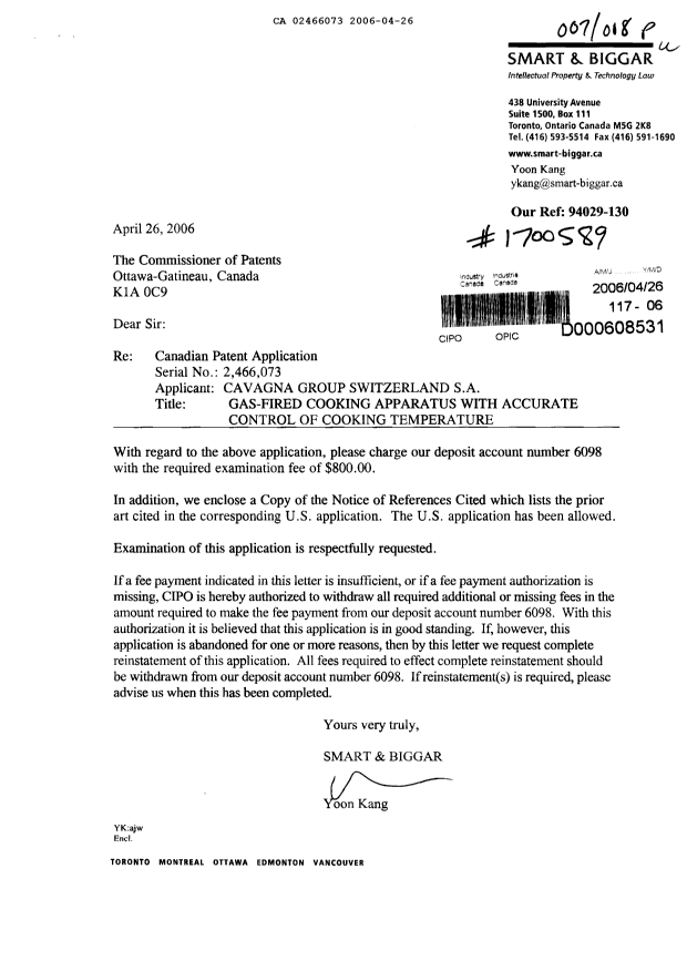 Canadian Patent Document 2466073. Prosecution-Amendment 20060426. Image 1 of 1