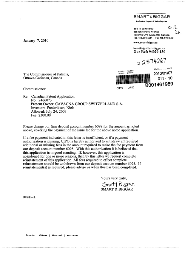 Canadian Patent Document 2466073. Correspondence 20100107. Image 1 of 1