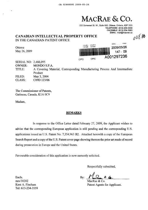 Canadian Patent Document 2466095. Prosecution-Amendment 20090526. Image 1 of 1