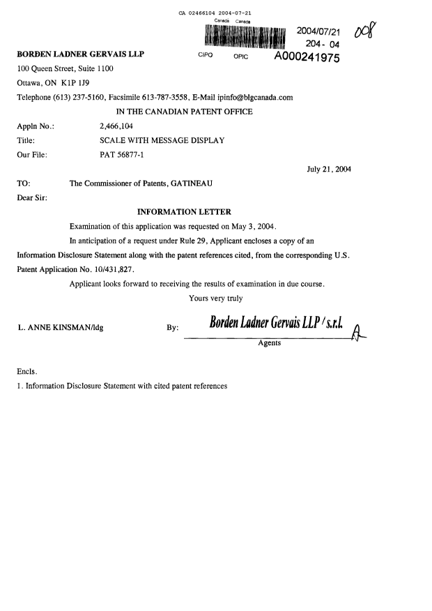 Canadian Patent Document 2466104. Prosecution-Amendment 20040721. Image 1 of 1