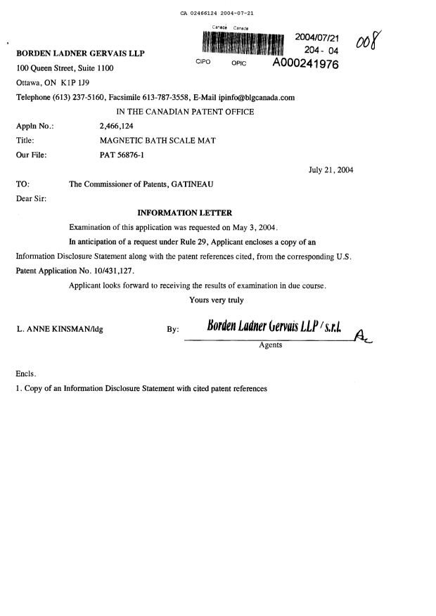 Canadian Patent Document 2466124. Prosecution-Amendment 20040721. Image 1 of 1