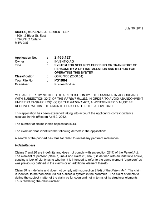 Canadian Patent Document 2466127. Prosecution-Amendment 20120730. Image 1 of 2
