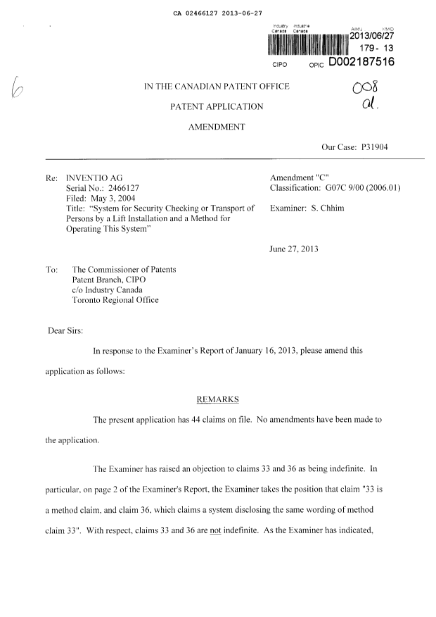 Canadian Patent Document 2466127. Prosecution-Amendment 20130627. Image 1 of 6