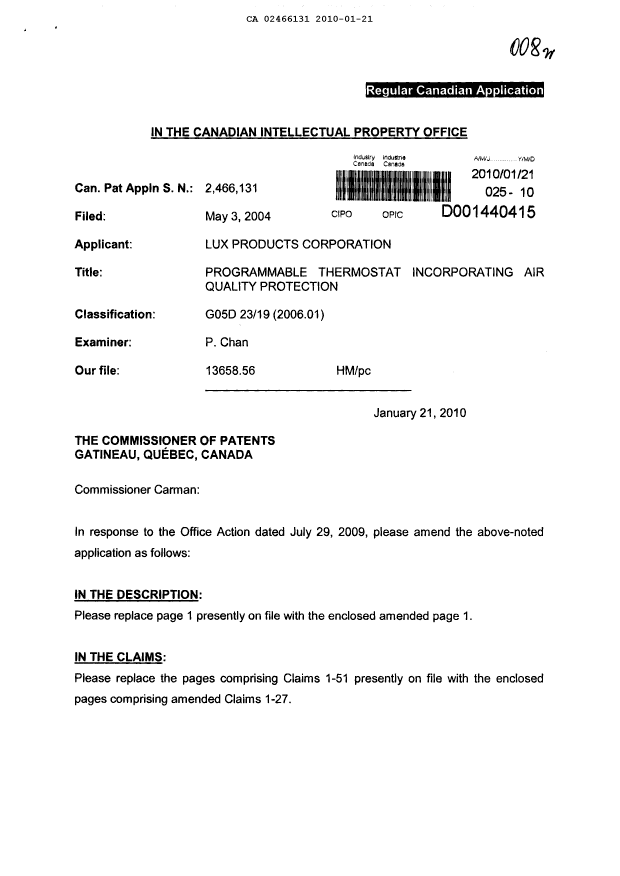 Canadian Patent Document 2466131. Prosecution-Amendment 20100121. Image 1 of 9