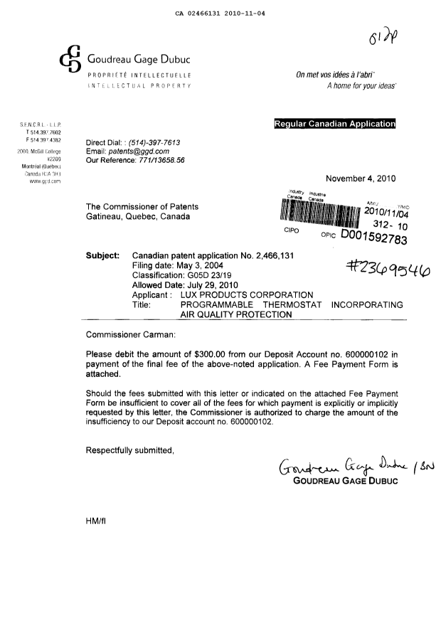 Canadian Patent Document 2466131. Correspondence 20101104. Image 1 of 1