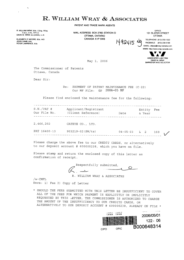 Canadian Patent Document 2466202. Fees 20060501. Image 1 of 1