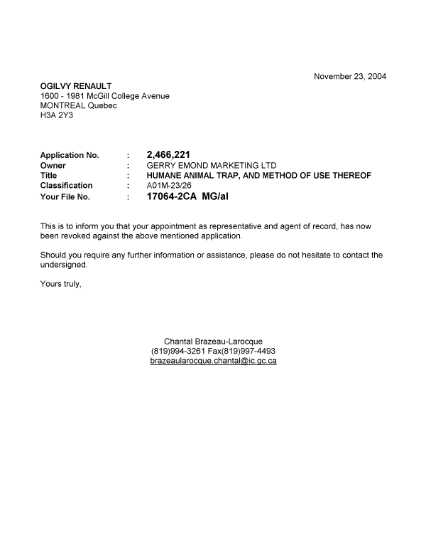 Canadian Patent Document 2466221. Correspondence 20041123. Image 1 of 1