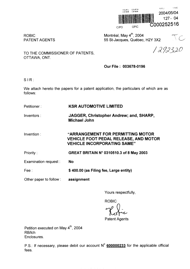 Canadian Patent Document 2466230. Assignment 20040504. Image 1 of 3