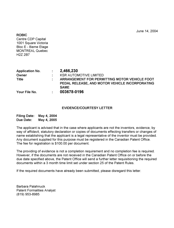 Canadian Patent Document 2466230. Correspondence 20040611. Image 1 of 1
