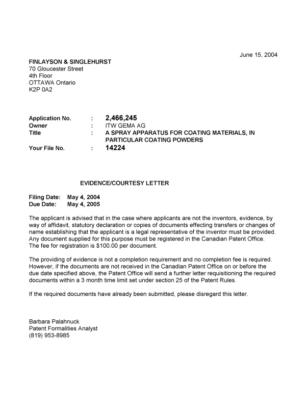 Canadian Patent Document 2466245. Correspondence 20040611. Image 1 of 1