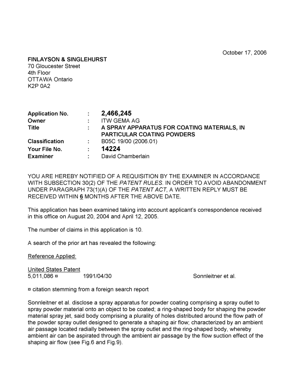 Canadian Patent Document 2466245. Prosecution-Amendment 20061017. Image 1 of 2
