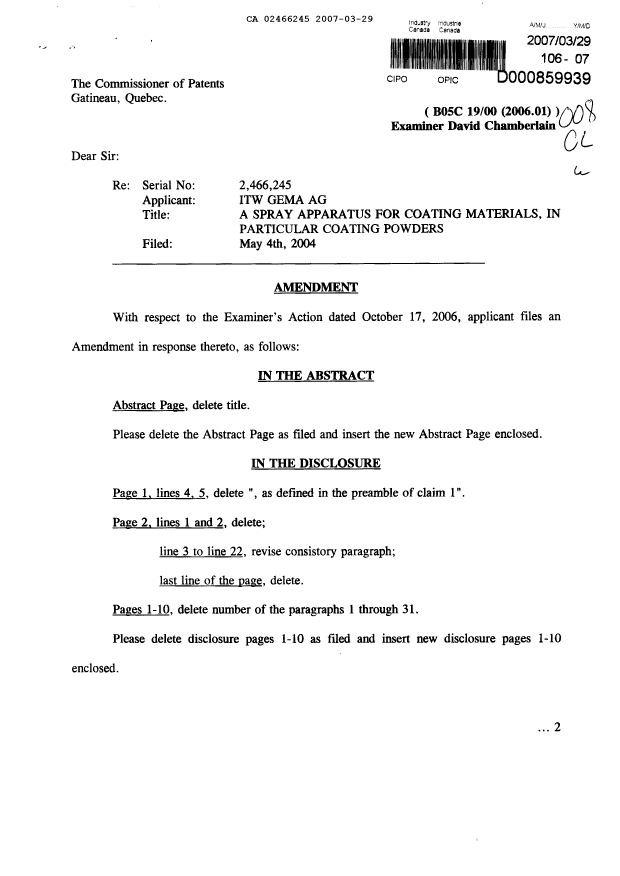 Canadian Patent Document 2466245. Prosecution-Amendment 20070329. Image 1 of 18