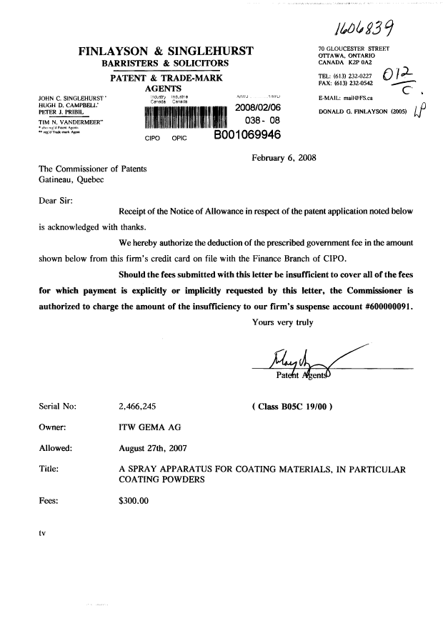 Canadian Patent Document 2466245. Correspondence 20080206. Image 1 of 1