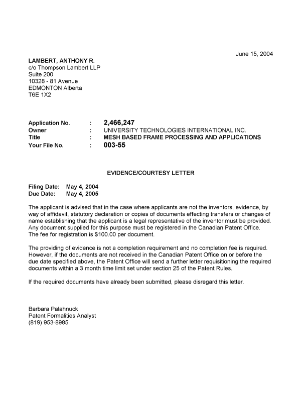 Canadian Patent Document 2466247. Correspondence 20040611. Image 1 of 1
