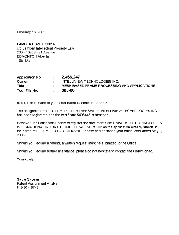 Canadian Patent Document 2466247. Correspondence 20090216. Image 1 of 1