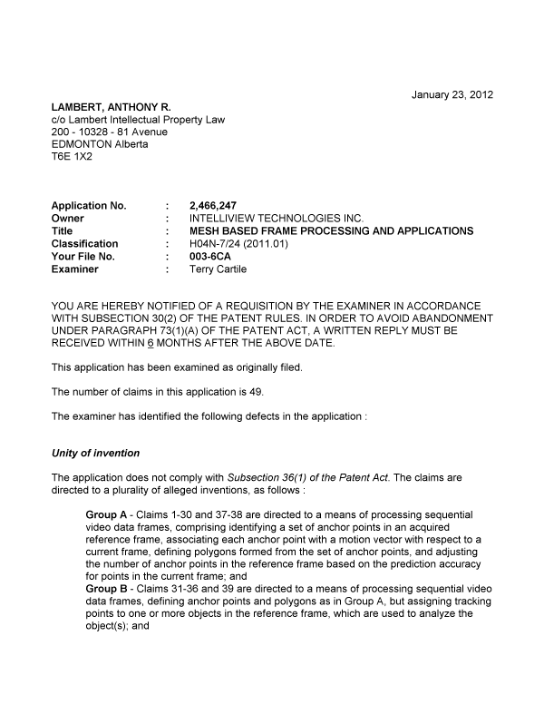 Canadian Patent Document 2466247. Prosecution-Amendment 20120123. Image 1 of 3