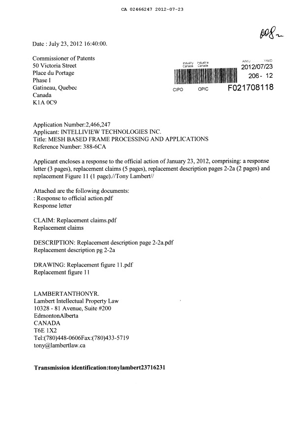 Canadian Patent Document 2466247. Prosecution-Amendment 20120723. Image 1 of 12